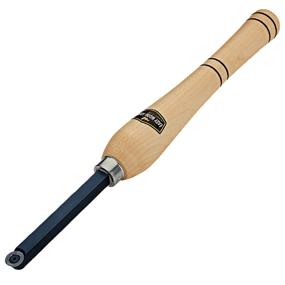 Woodturning tool with smooth wooden handle and metal cutting tip for woodworking and home improvement projects