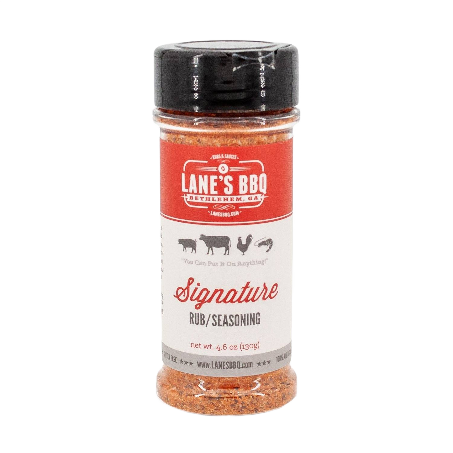 Clear plastic spice bottle with black lid containing Lane's Signature Rub seasoning blend for grilling and BBQ use