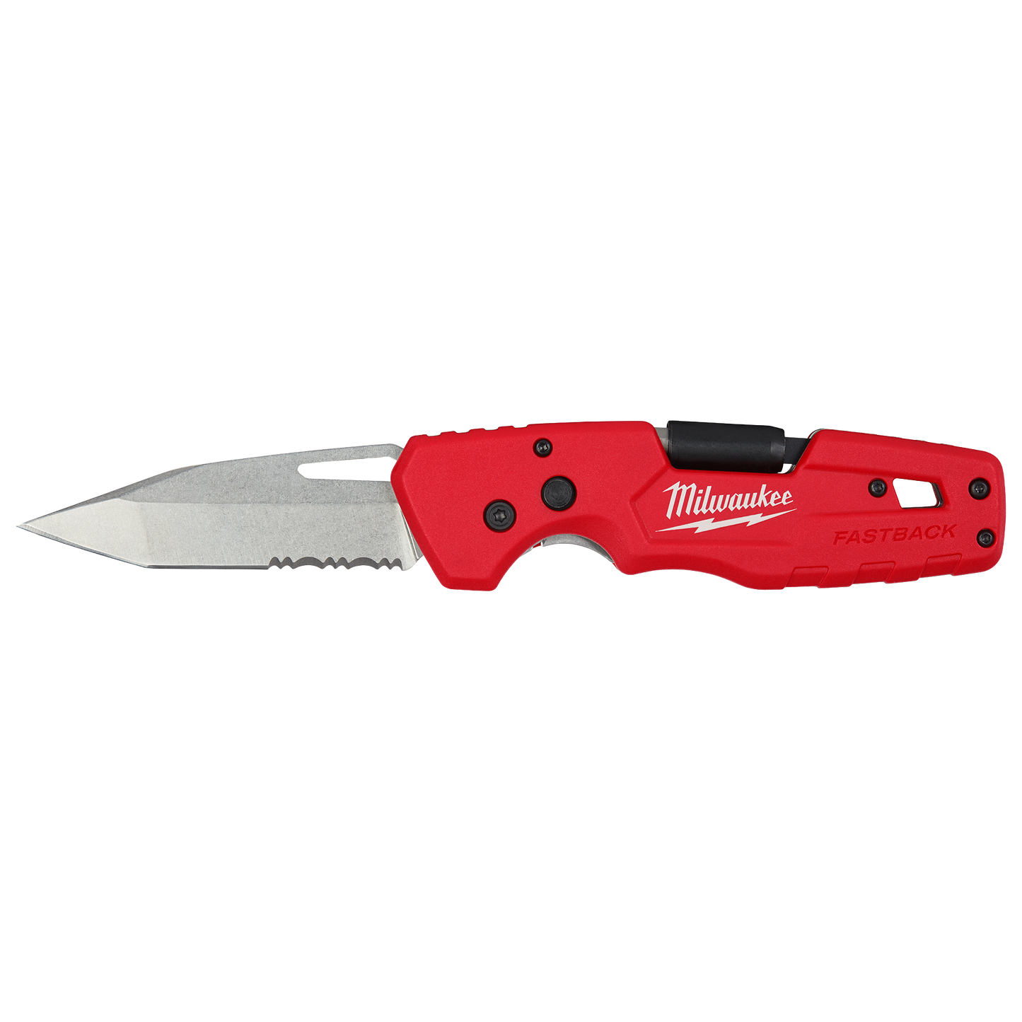 Red folding multi-tool knife with serrated and pointed stainless steel blade for woodworking and cutting tasks