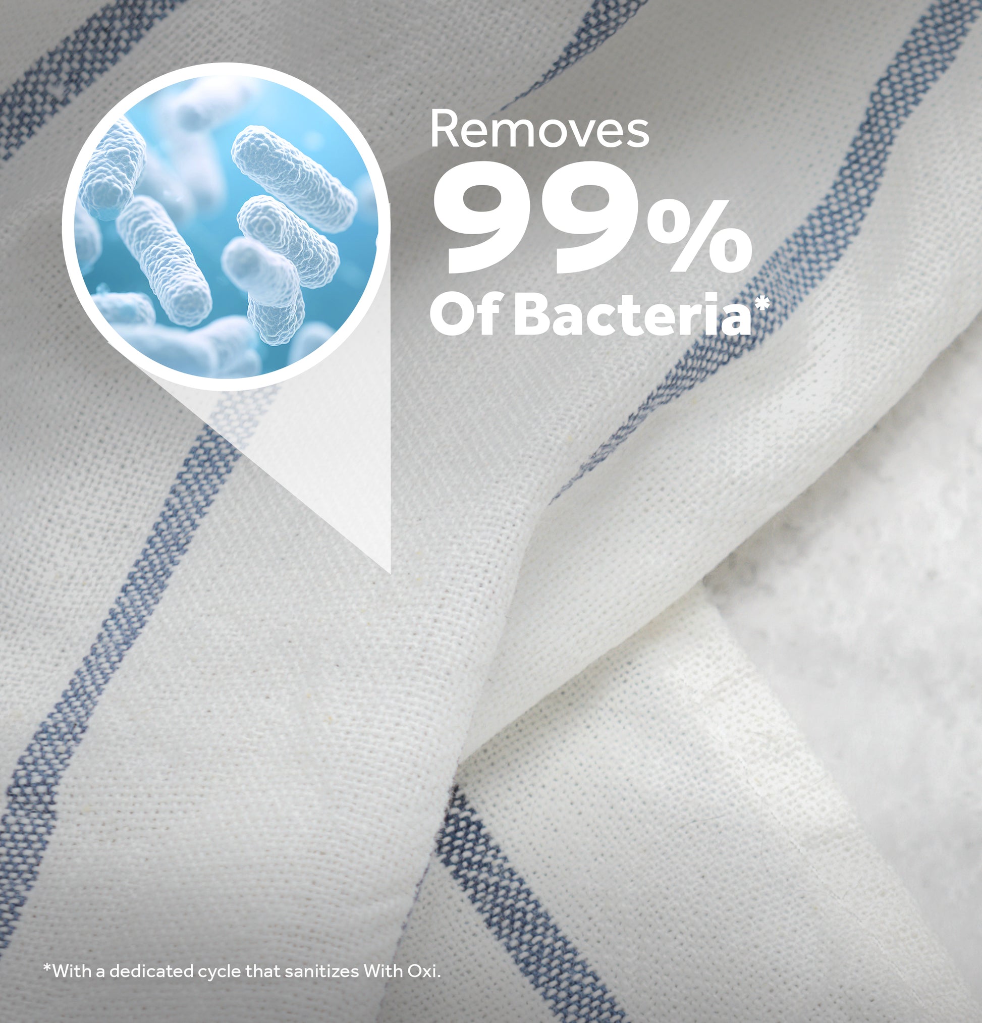 Close-up of white fabric with blue stripes highlighting 99% bacteria removal feature for washers and appliances collection