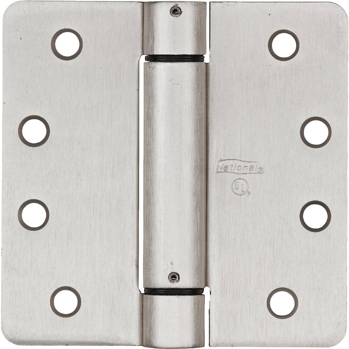 Close-up of satin nickel spring door hinge with 5/8 inch radius, suitable for home improvement hardware projects.