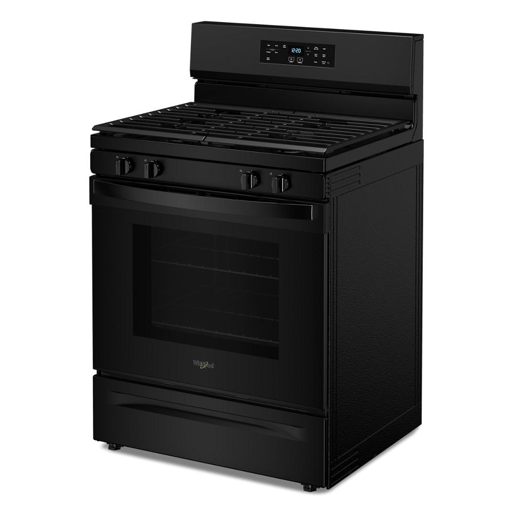 Black 30-inch self-cleaning gas range with digital control panel and five-burner cooktop in kitchen appliances collection