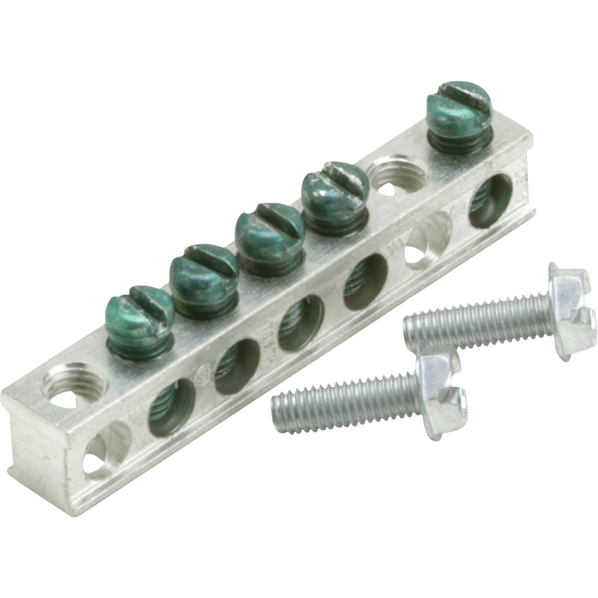 Aluminum ground bar with five terminal screws and two mounting bolts for electrical tools and home improvement use