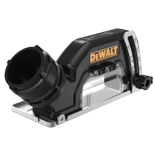 Compact black DEWALT dust extraction attachment with clear angle guide and adjustable depth, designed for woodworking power tools and home improvement.