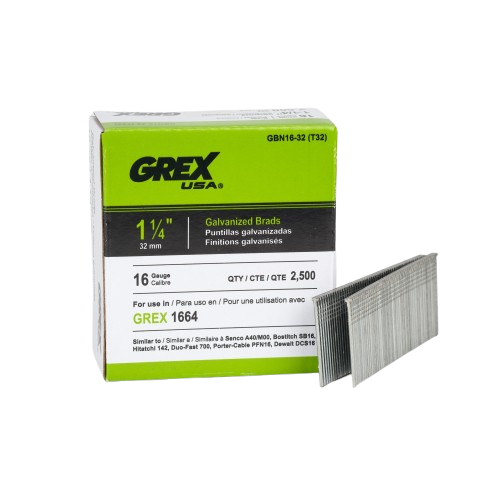 Box of 16 gauge galvanized brads with 1-1/4 inch length alongside a stack of brads for home improvement tools