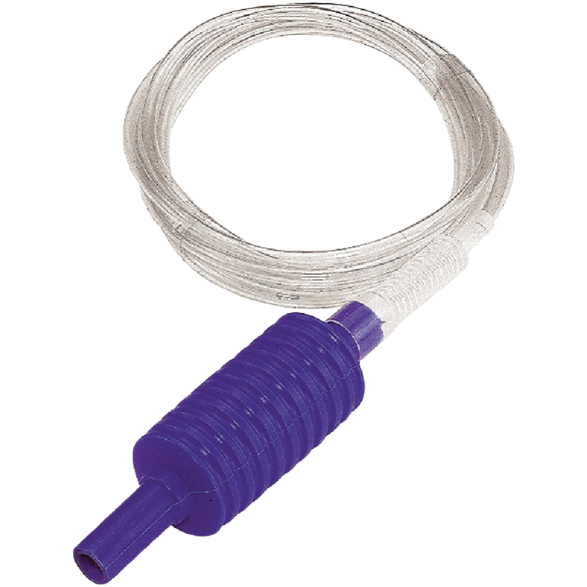 Flexible clear siphon pump with ribbed purple polyethylene body for efficient liquid transfer in automotive and fluid supply use