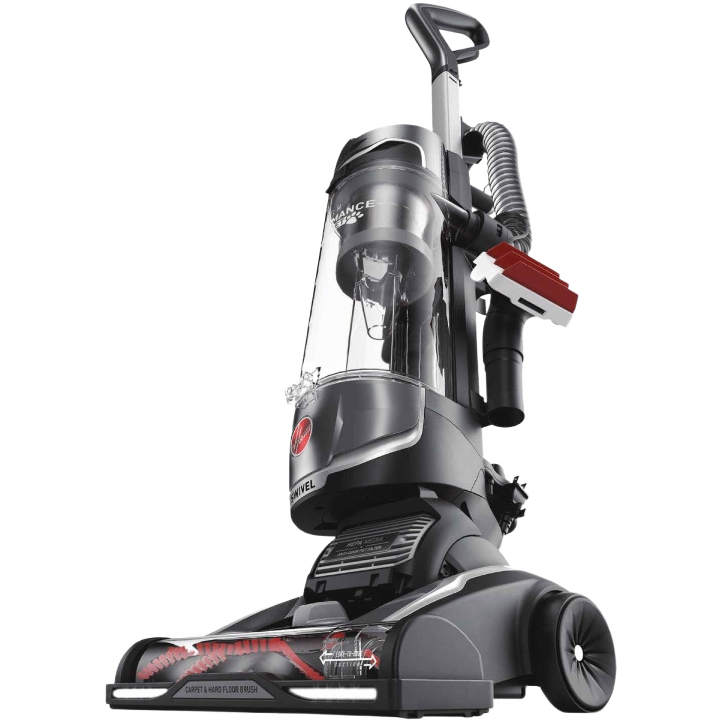 Black and gray upright vacuum with swivel head and pet hair brush for home cleaning and tools improvement use