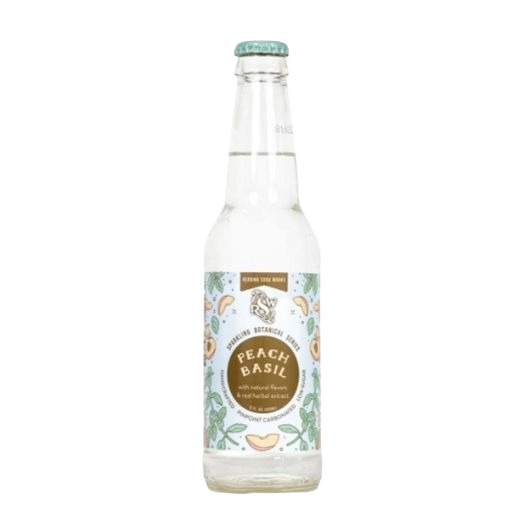 Clear glass bottle of peach basil sparkling botanical water from the Drinks and Food & Beverage collection