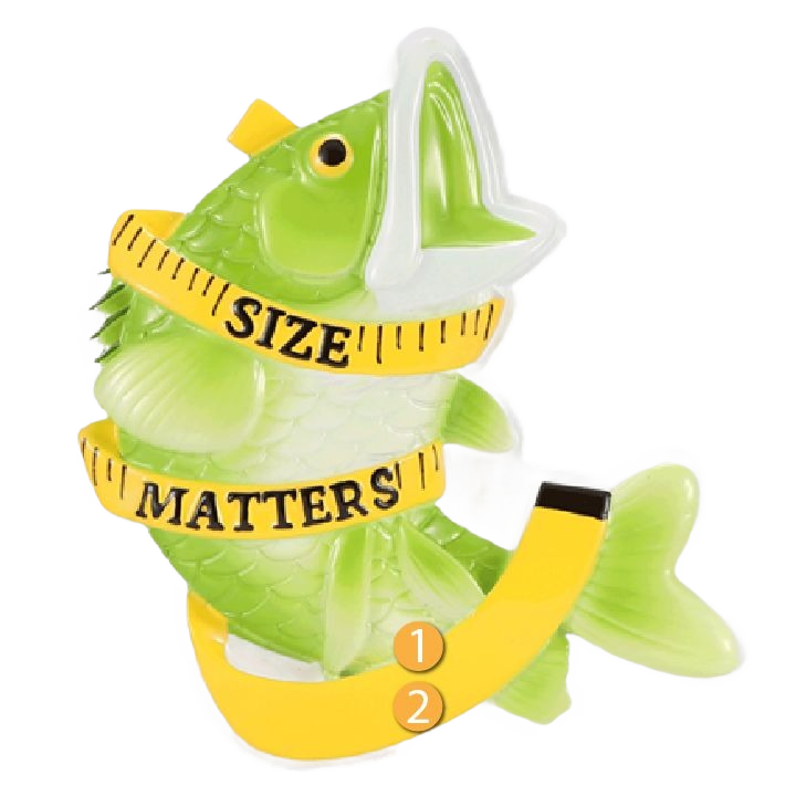 Green bass ornament wrapped with yellow measuring tape reading "Size Matters" in Christmas Ornaments & Tree Decorations collection