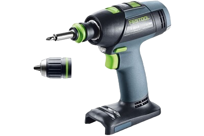 Cordless Festool drill with brushless motor and interchangeable FastFix attachments for woodworking and power tool use