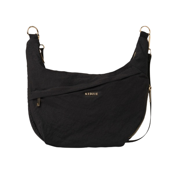 Black soft fabric crossbody bag with gold hardware and zip pockets, part of Clothing & Shoes, Accessories, Bags & Wallets collections at Hartville Hardware.