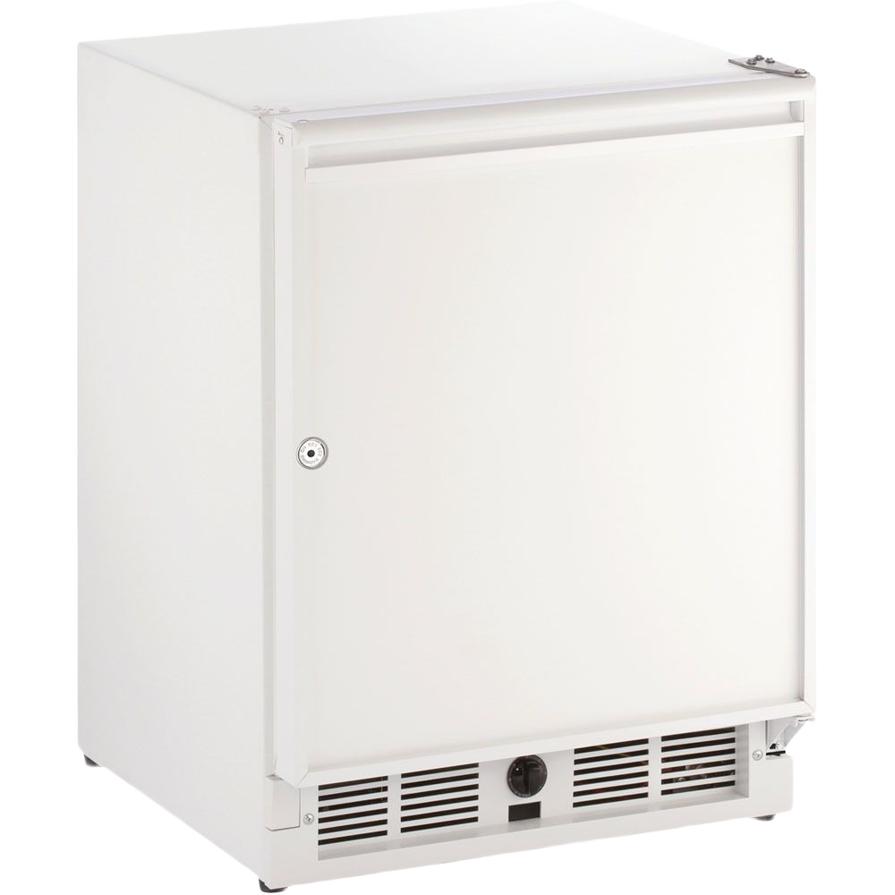 Compact white solid door refrigerator with left-hand lock and ventilation grill, ideal for kitchen and appliances use