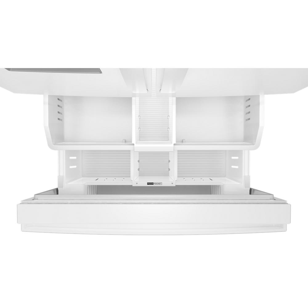 Open bottom freezer drawer compartment with multiple storage sections in a white French door refrigerator from kitchen appliances collection