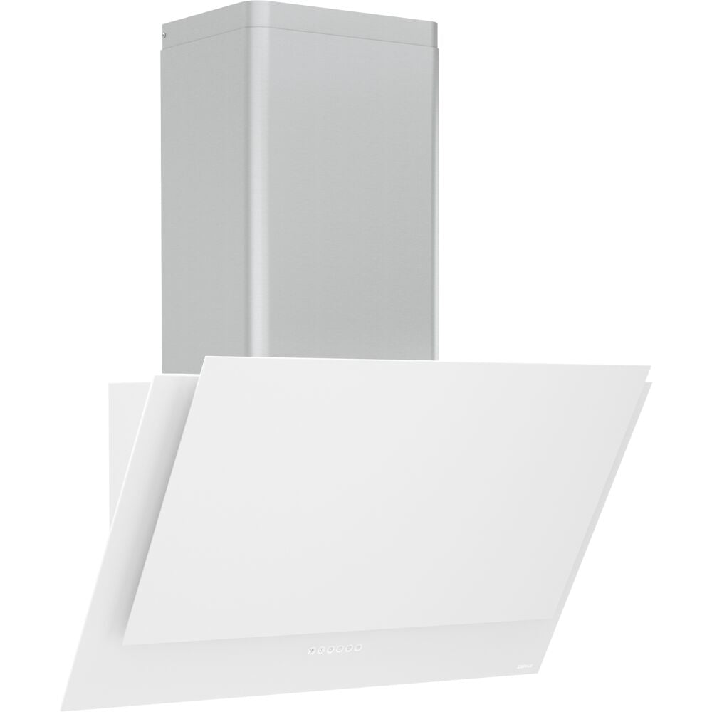 White wall-mounted range hood with angled design and aluminum chimney for kitchen and home improvement.