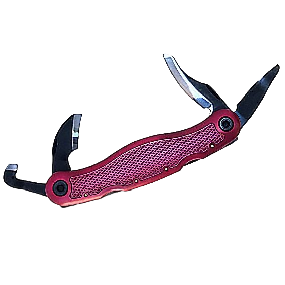 Multi-tool with textured red handle featuring foldable blades and hooks for versatile home improvement tasks