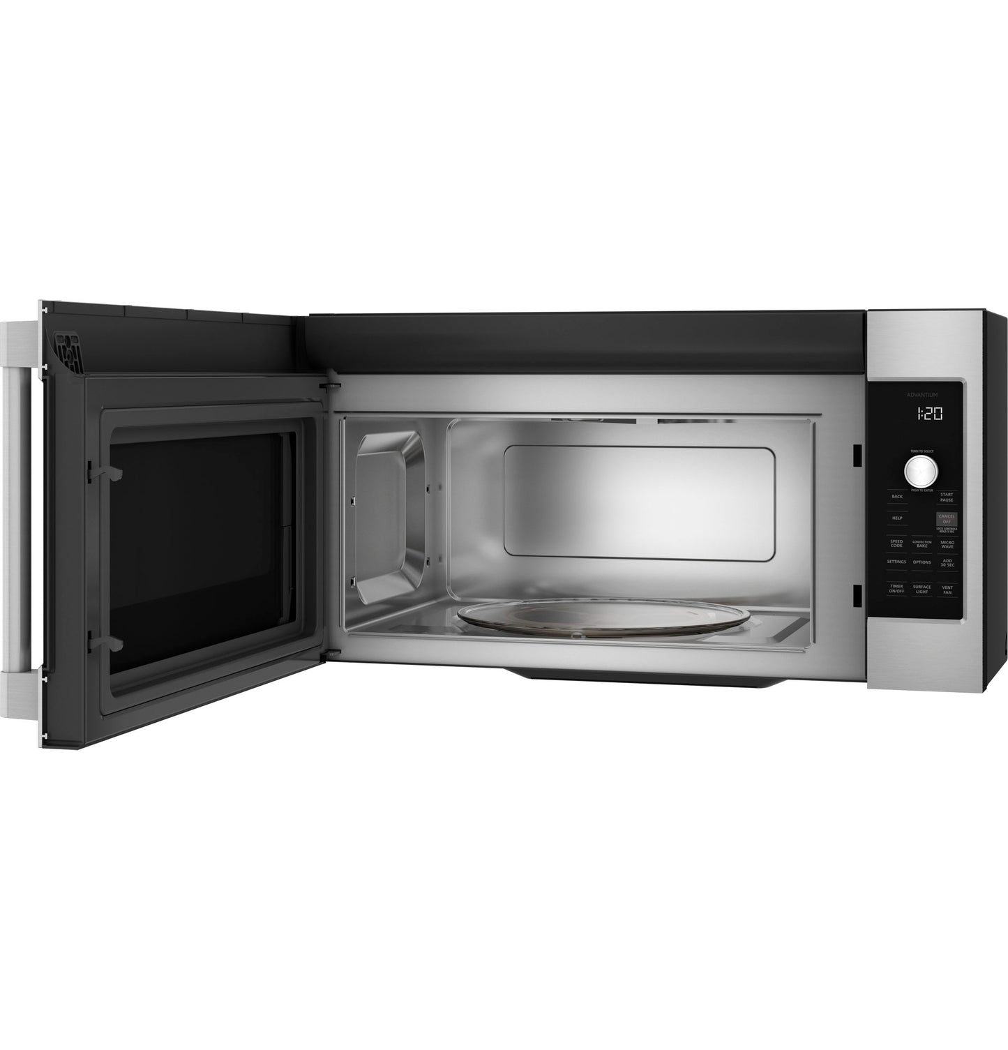 Stainless steel countertop microwave with open door, digital control panel, and glass turntable in Kitchen & Appliances collections