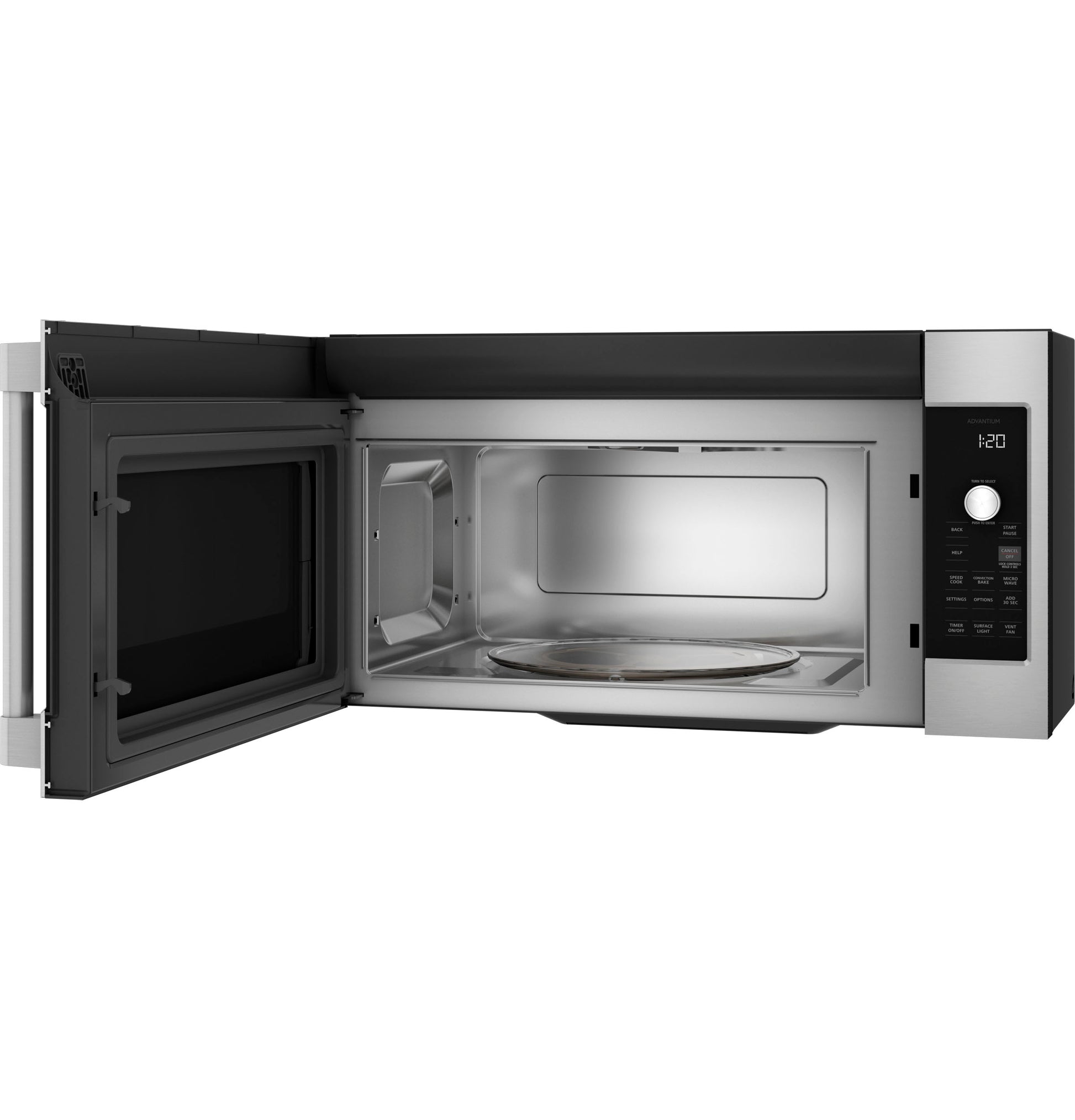 Stainless steel countertop microwave with open door, digital control panel, and glass turntable in Kitchen & Appliances collections