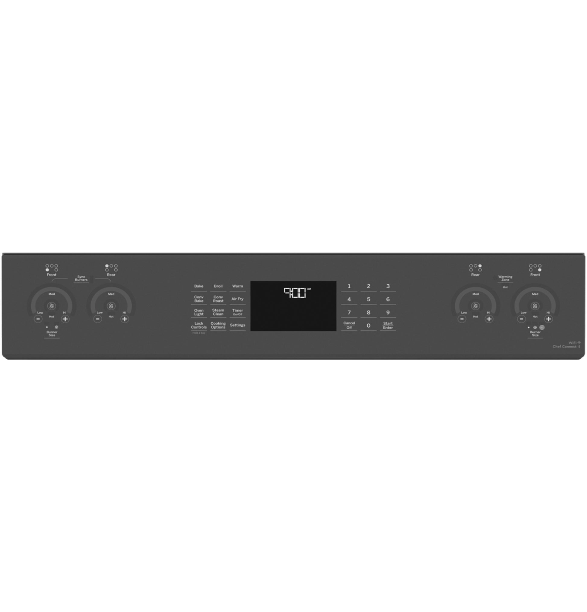 Black control panel for electric range with digital display, knobs, and touch controls from Ranges & Cooktops collection
