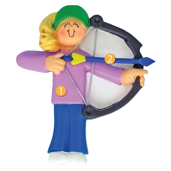Personalized blonde female figurine aiming bow and arrow Christmas ornament for holiday tree decor under $50 collection