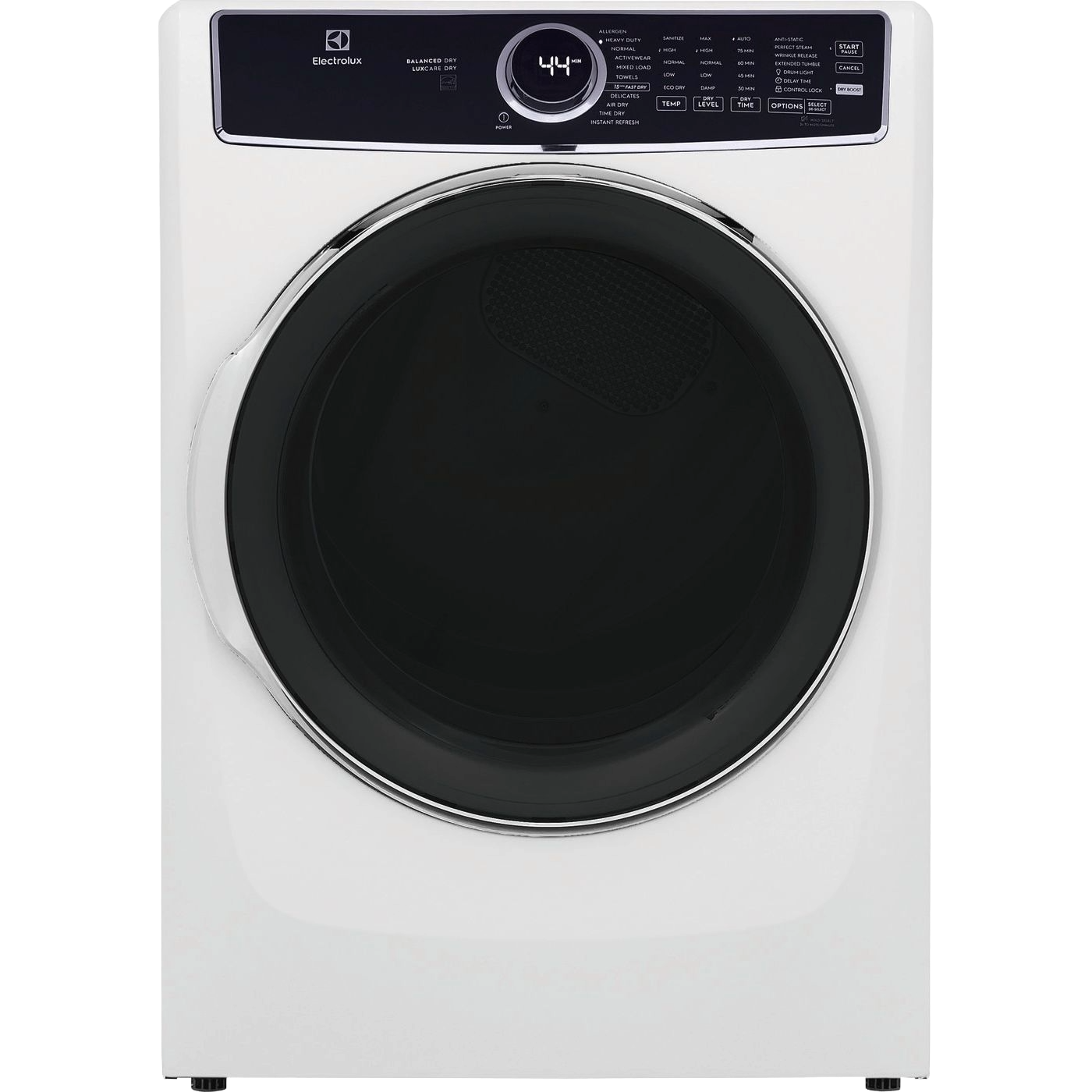 Front load electric dryer with digital display and large black glass door in modern white appliance design