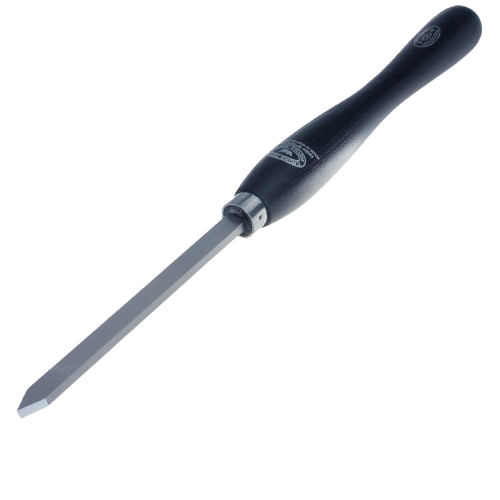 Parting tool with a cryogenically treated blade and black ergonomic handle for precise woodworking tasks under $50.
