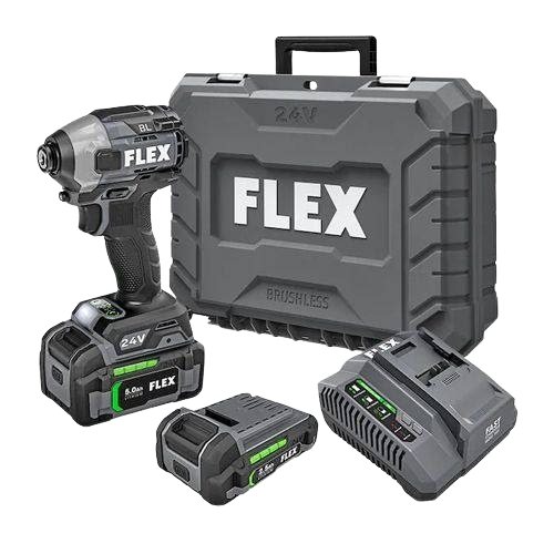 Cordless 24V hex impact driver kit with two rechargeable batteries, charger, and rugged carrying case for home improvement tasks