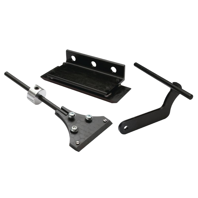 Black metal sharpening jig components with mounting bracket and adjustable clamp for precision knife maintenance tools