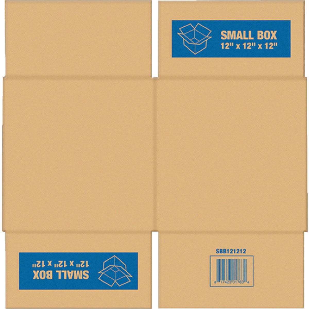 Flat layout of a small cardboard box with blue labels showing 12 by 12 by 12 inch dimensions and barcode