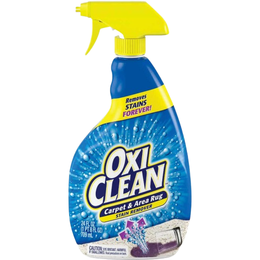 Blue plastic spray bottle of stain remover with yellow trigger for carpet and area rug cleaning products