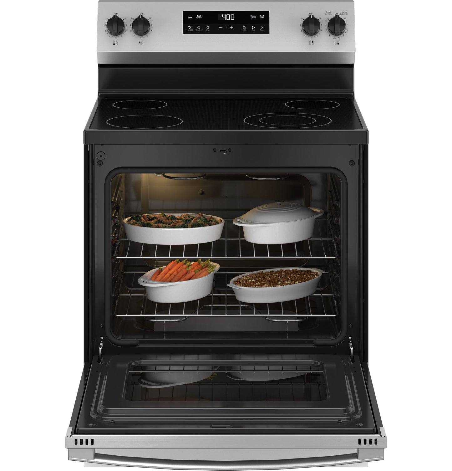 Free-standing electric range with smooth cooktop and open oven displaying dishes inside from Ranges and Kitchen collections