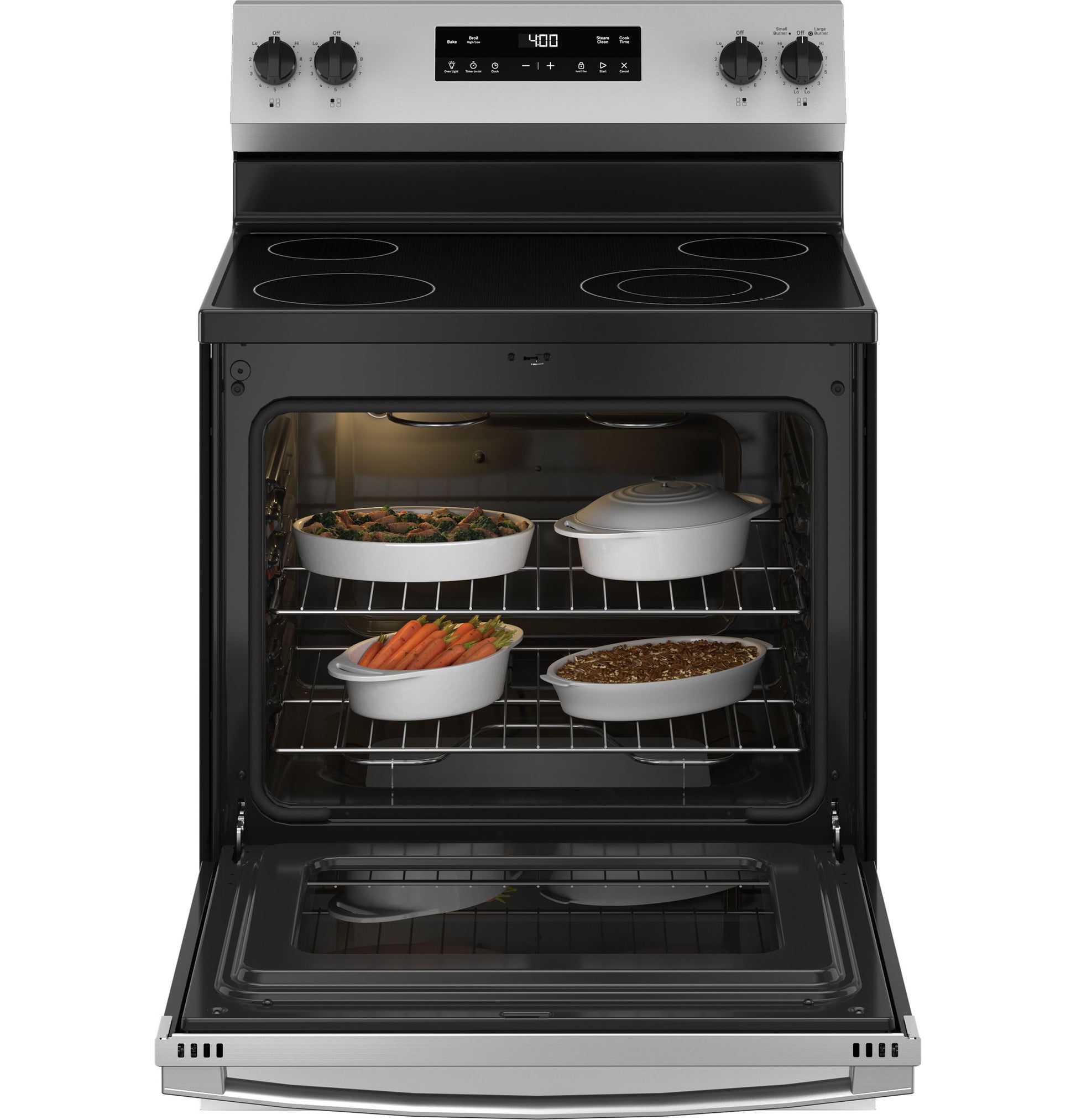 Free-standing electric range with smooth cooktop and open oven displaying dishes inside from Ranges and Kitchen collections
