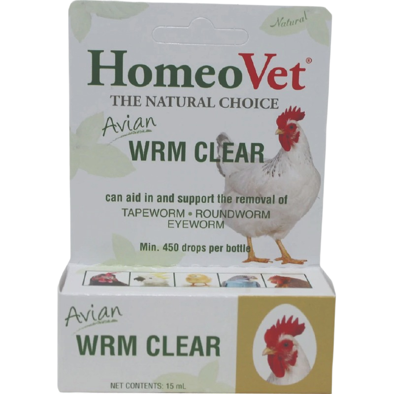 Packaging of HomeoVet natural avian worm remedy for tapeworm, roundworm, and eyeworm support with chicken illustration
