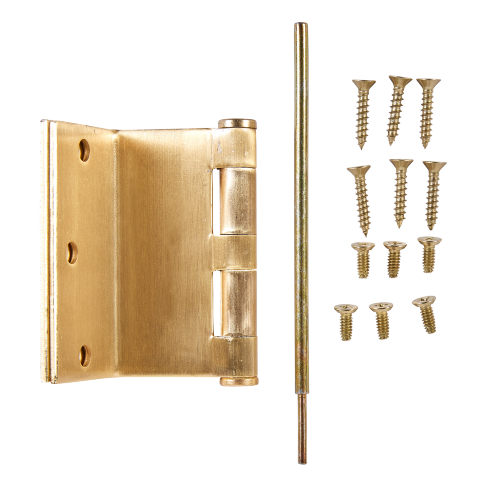 Satin brass swing hinge with pin and mounting screws for door hardware in home improvement and slide and hinges collection under $50