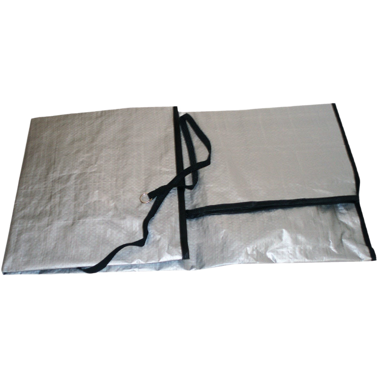 Heavy-duty silver plastic cover with black trim and straps for protecting outdoor air conditioning units from weather damage