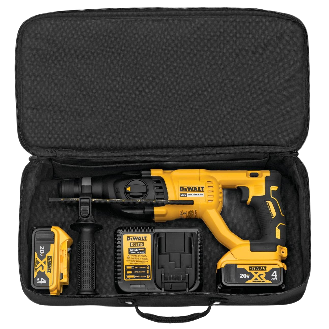 Compact yellow and black cordless rotary hammer drill kit with battery, charger, and carrying case for home improvement tasks
