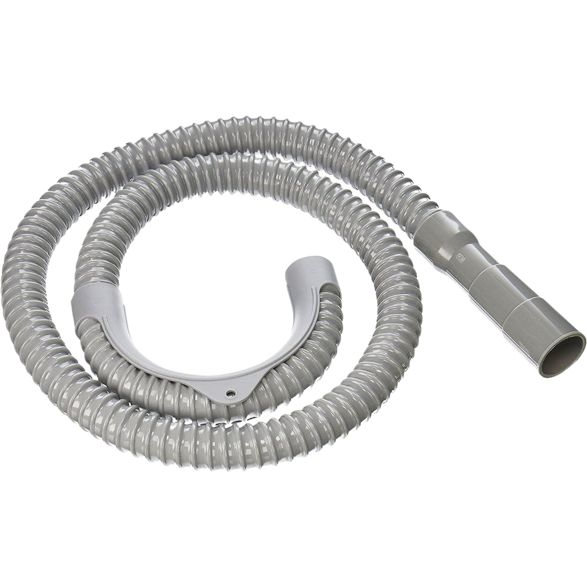 Flexible gray corrugated plastic hose for washing machine drainage with curved connector for home improvement use
