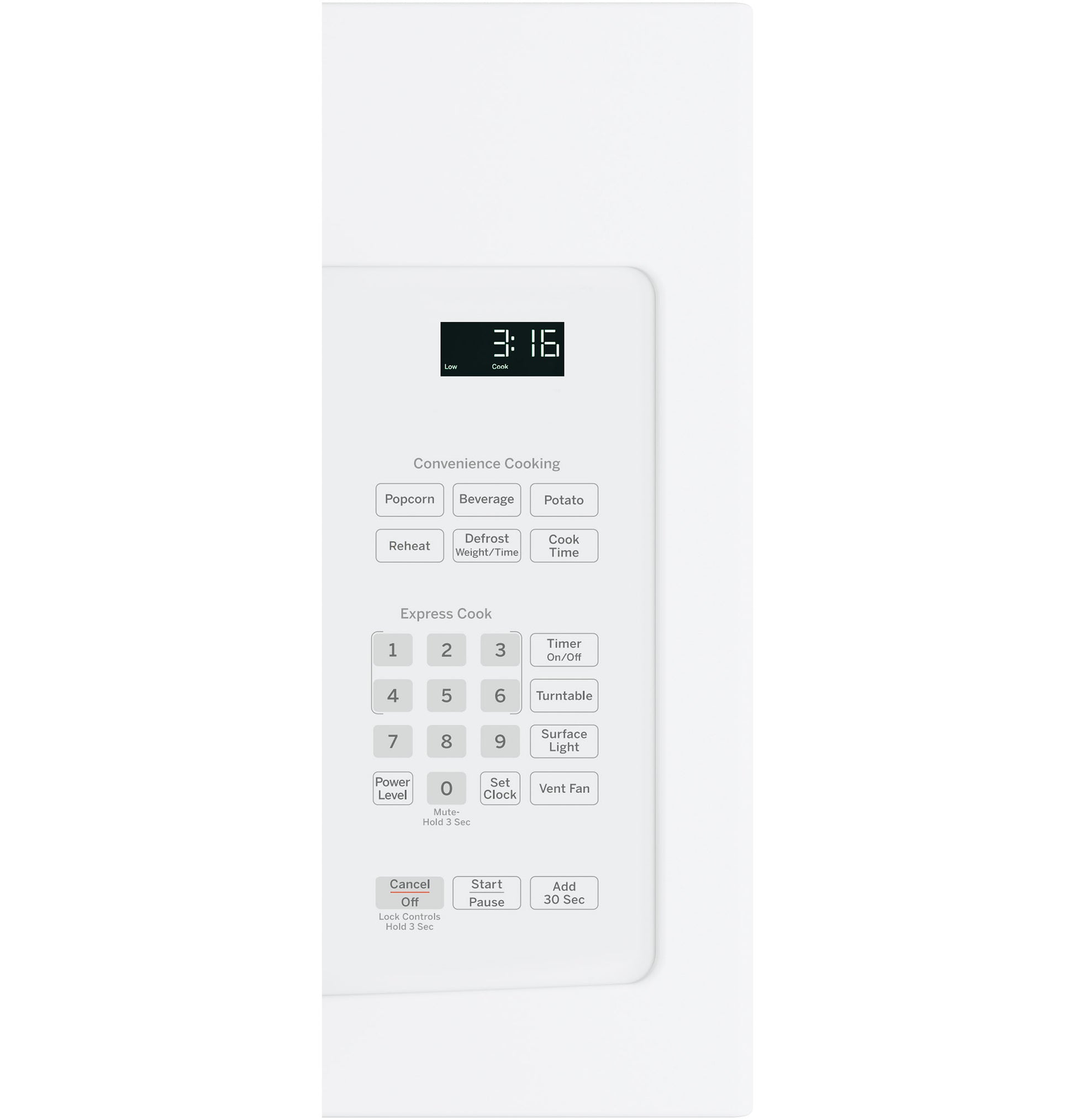 Close-up of white over-the-range microwave control panel with digital display and preset cooking buttons in appliances collection