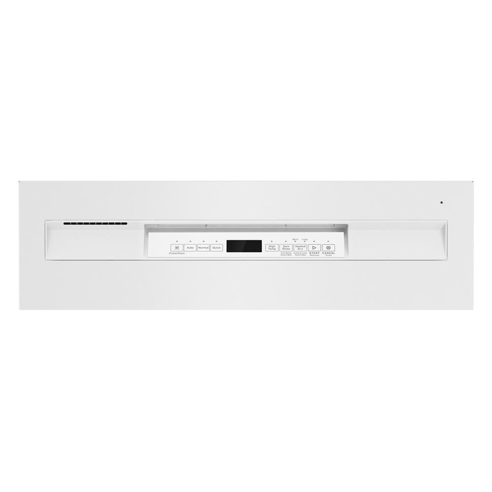 White dishwasher front control panel with digital display and touch buttons, suitable for kitchen appliances and dishwashers.