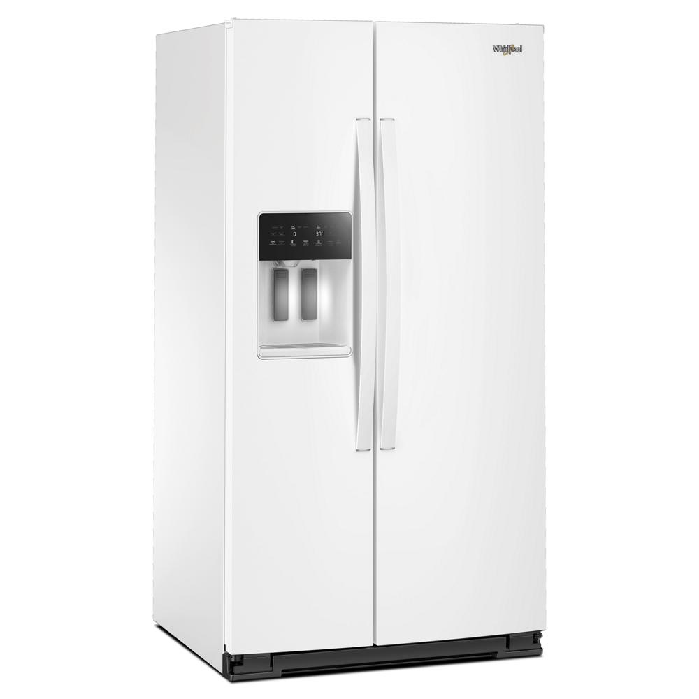 White side-by-side refrigerator with built-in water and ice dispenser in kitchen appliances and home improvement collection