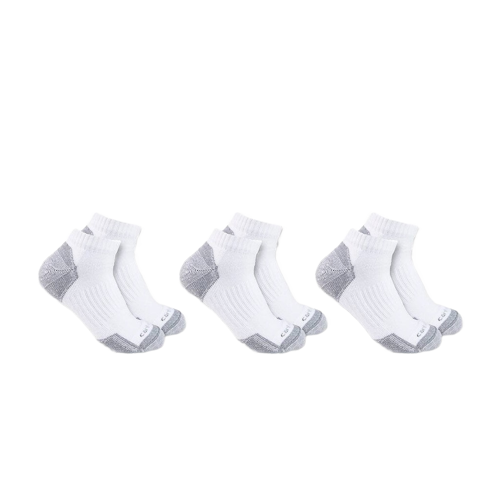 Three pairs of men's white low cut cotton socks with reinforced gray heels and toes for durability.