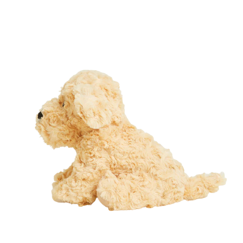 Soft plush golden dog with textured curly fur and black nose designed for comforting warmth and cuddles