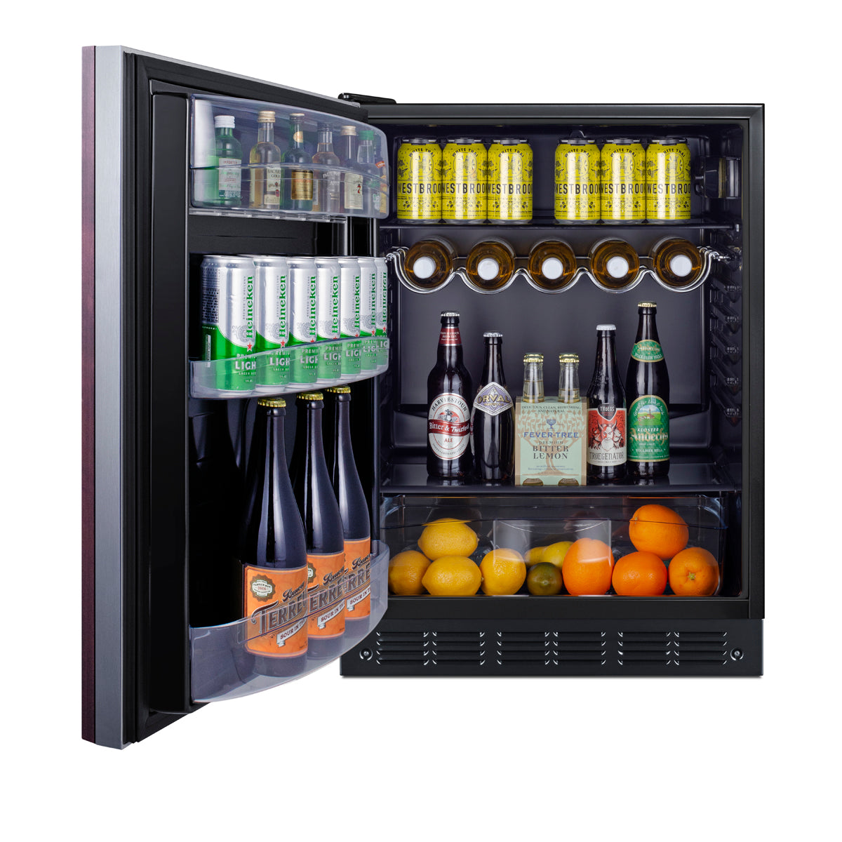 Open 24-inch undercounter refrigerator stocked with assorted beverages and fruit in kitchen appliance setting