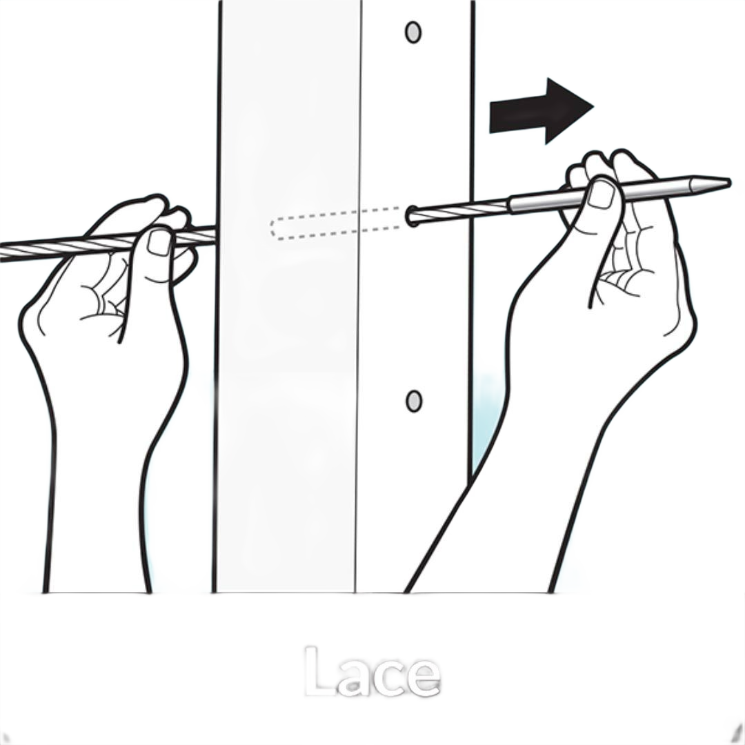Hands using a cable lacing needle to thread 1/8-inch cable through a wooden post for deck accessories.