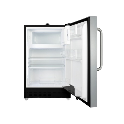 Open compact built-in refrigerator-freezer with left door swing, textured black finish from kitchen appliances collection
