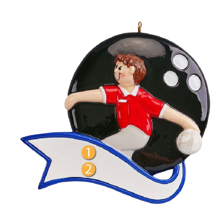 Boy figurine in red shirt bowling with black ball background Christmas ornament under $50 for tree decorations