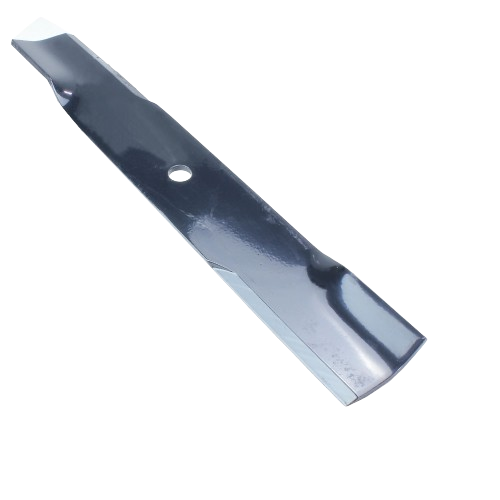 Black steel replacement lawn mower blade with angled cutting edges and central mounting hole for tools and home improvement