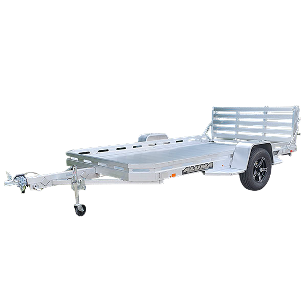 Lightweight aluminum utility trailer with bi-fold tailgate and single axle designed for versatile hauling tasks.