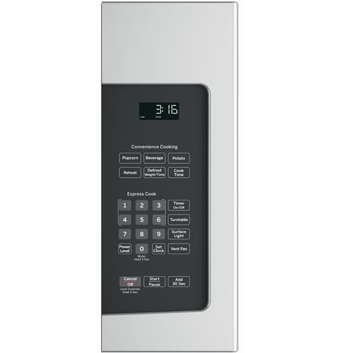 Control panel of a stainless steel over-the-range microwave with digital clock and preset cooking options