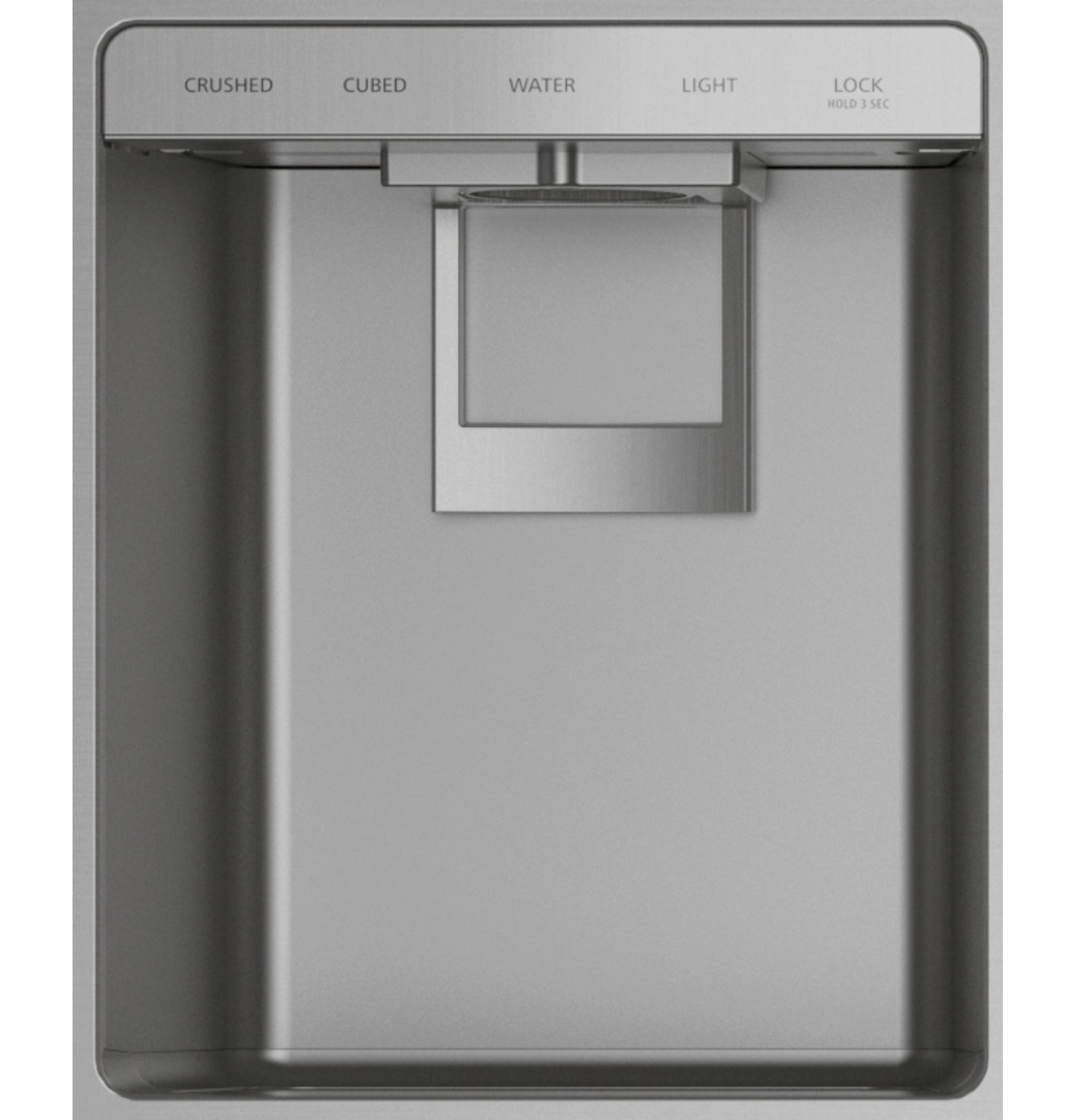 Close-up of stainless steel refrigerator dispenser panel with crushed ice, cubed ice, water, light, and lock options from appliances collection