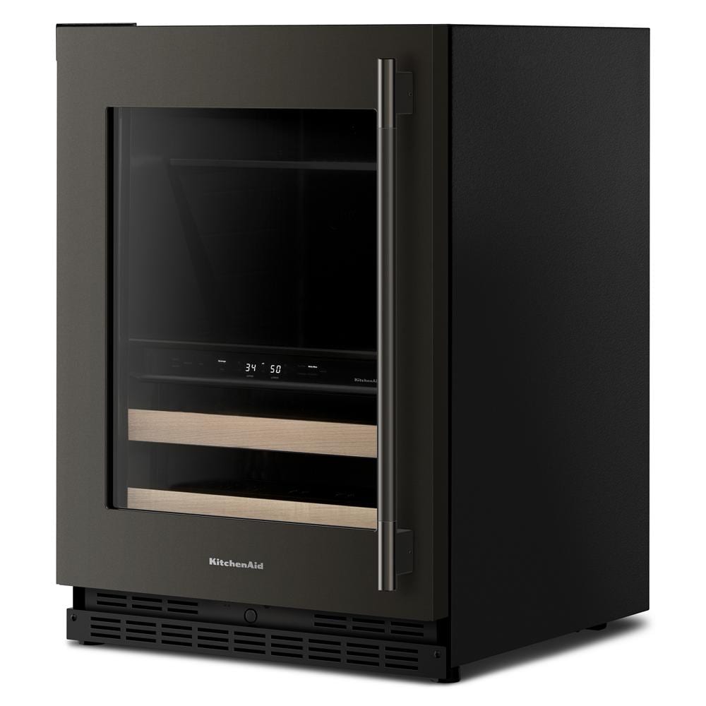 24-inch KitchenAid beverage center with dark finish, glass door, wood-front racks, and steel handle from Refrigerators collection